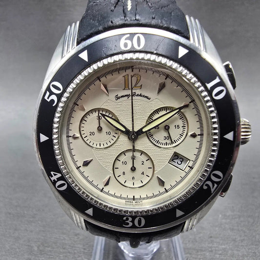 Tommy Bahama Chronograph Watch Men 42mm Cream Dial Steel Date TB1104 New Batt0