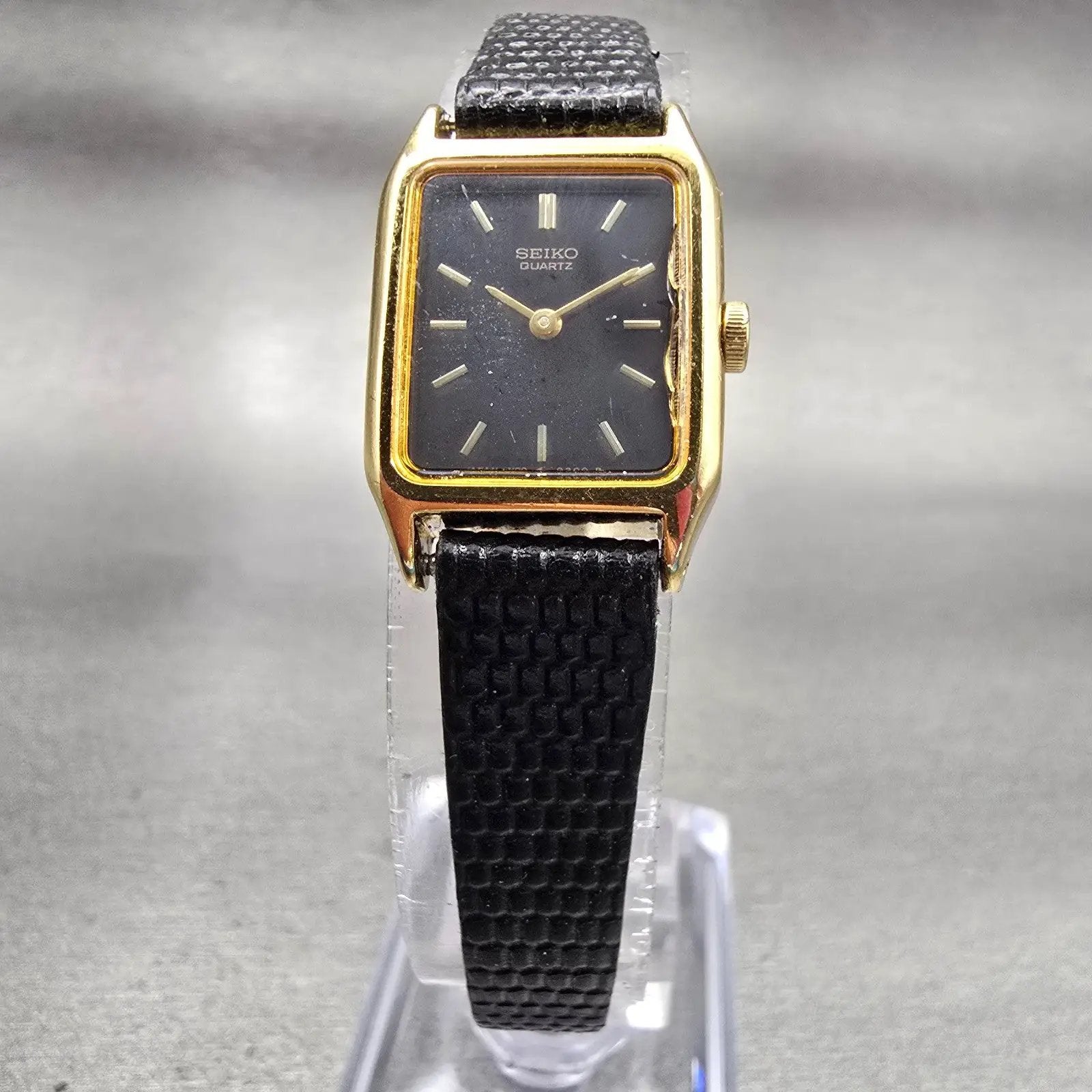 Seiko Watch Women 17mm Black Dial Gold Tone Rectangle 4N00-5129 New Battery VTG5