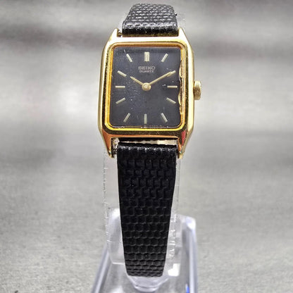 Seiko Watch Women 17mm Black Dial Gold Tone Rectangle 4N00-5129 New Battery VTG5