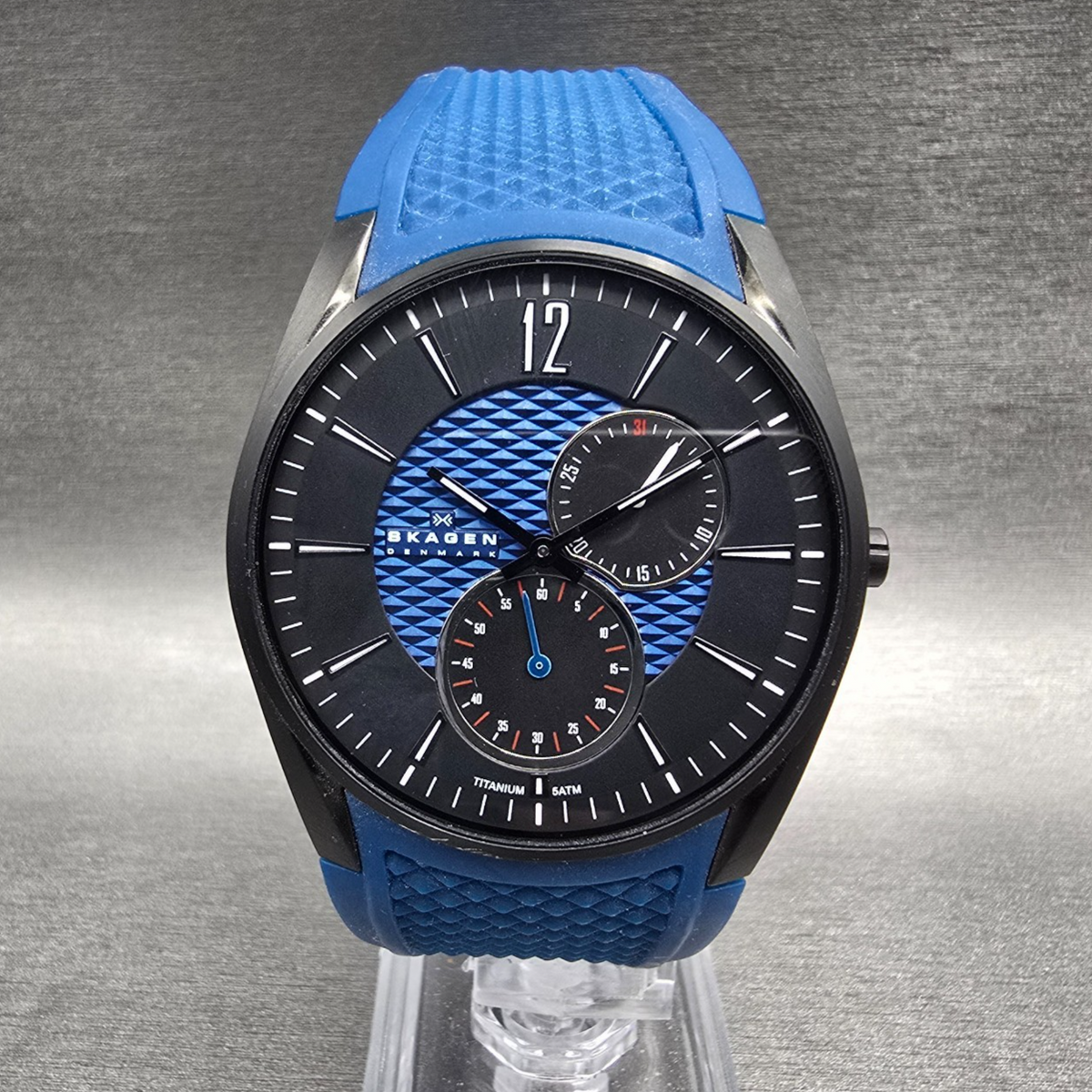 Skagen Watch Men 42mm Black Blue Dial Titanium Date Round 435XXLTNRN New Battery0