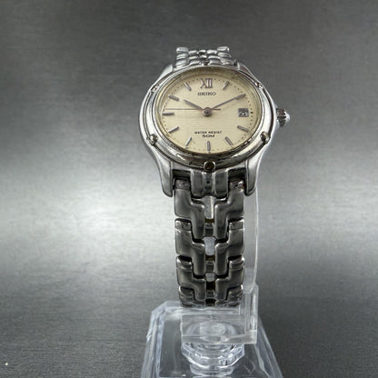 Seiko Watch Women 26mm Cream Dial Silver Tone Date Round 7N82-0599 New Battery Y5