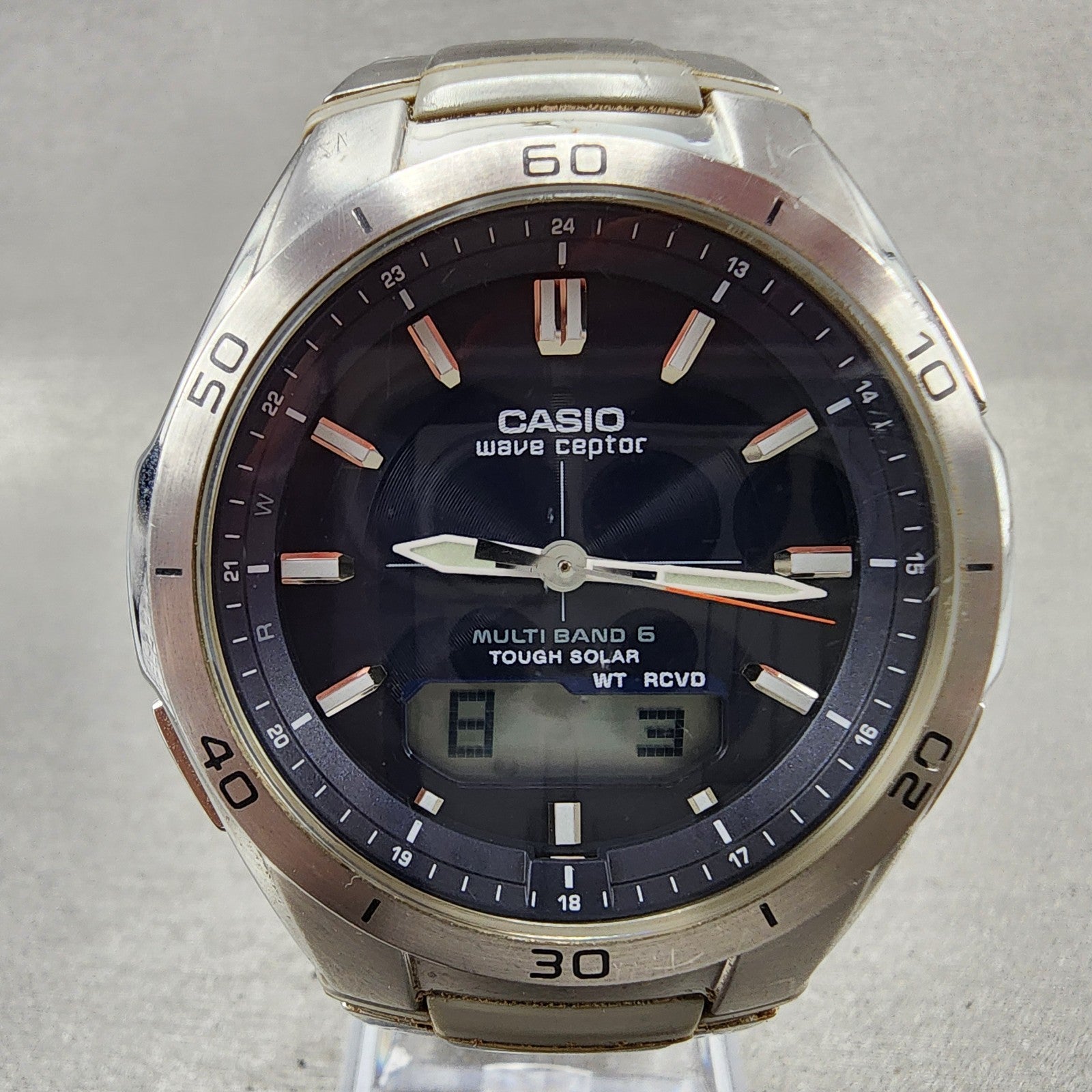 Casio Wave Ceptor Watch Men 42mm Blue Dial Steel Solar Analog Digital Works B121