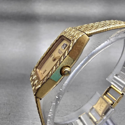 Bulova Watch Women 13mm Gold Dial Gold Tone Rectangle New Battery Vintage 92T512