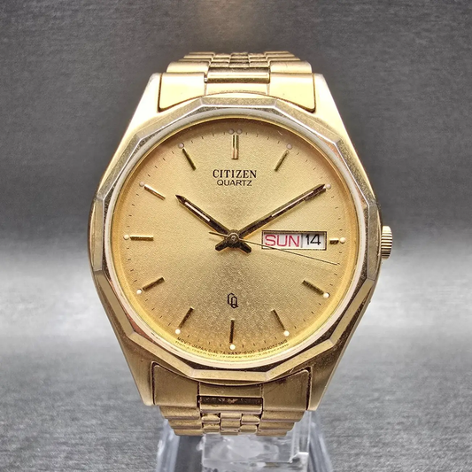 Citizen CQ Watch Men 35mm Gold Dial Gold Tone Daydate Round 6100-K02741 New Batt0