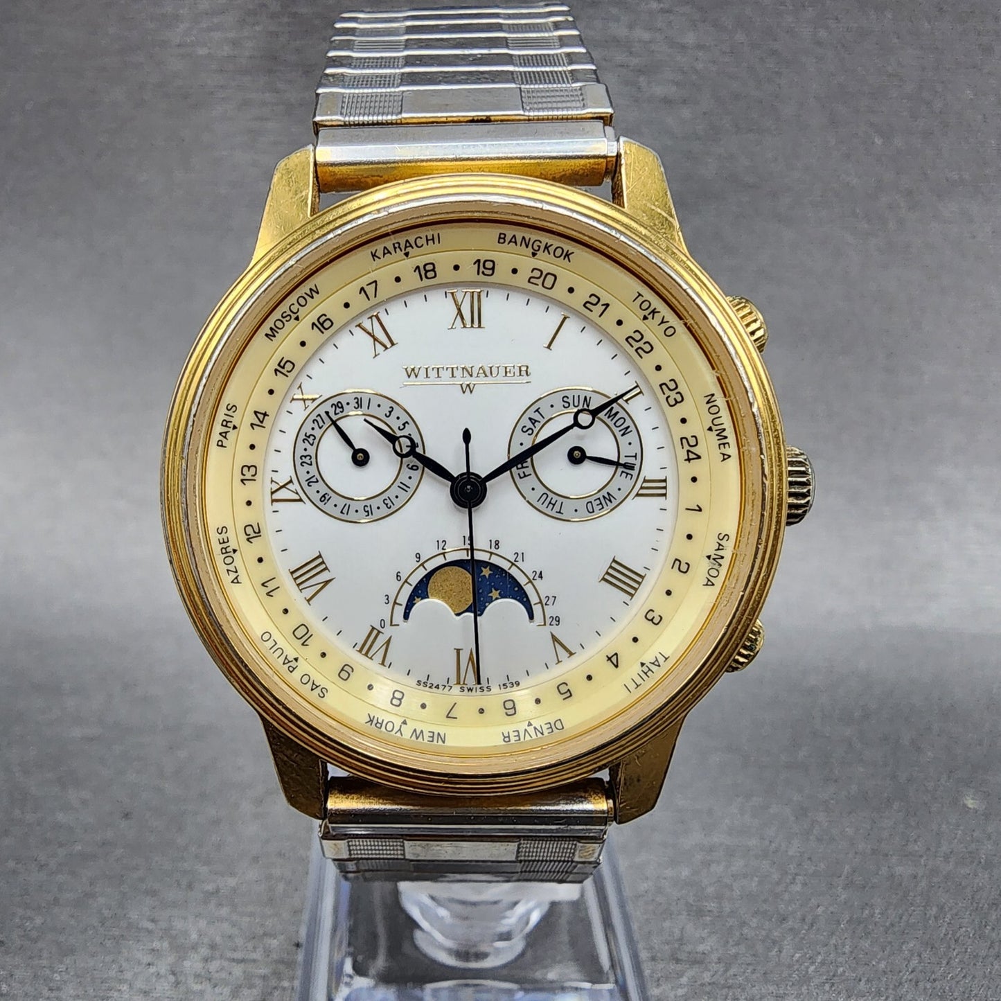 Wittnauer Moonphase Watch Men 37mm White Dial Gold Tone Daydate Round New Batt0