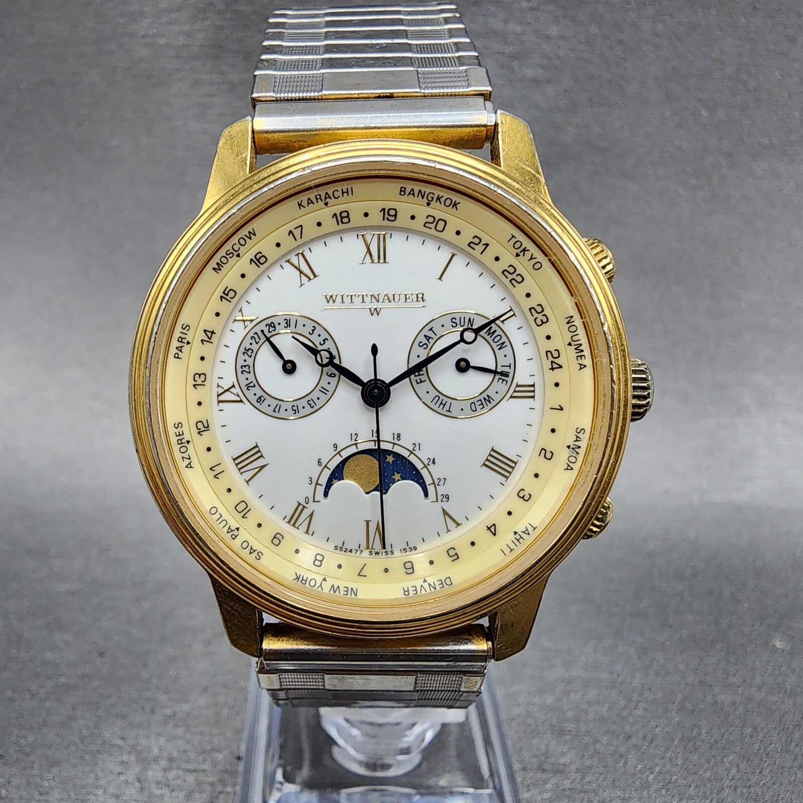 Wittnauer Moonphase Watch Men 37mm White Dial Gold Tone Daydate Round New Batt0