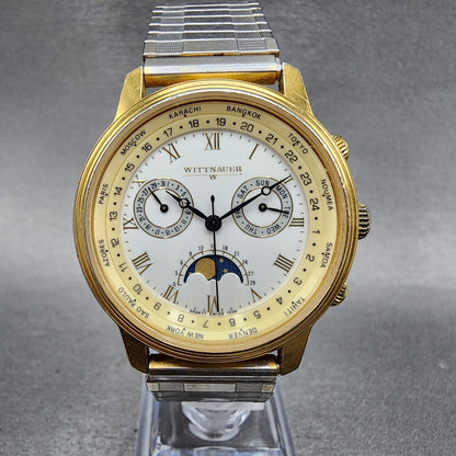 Wittnauer Moonphase Watch Men 37mm White Dial Gold Tone Daydate Round New Batt0