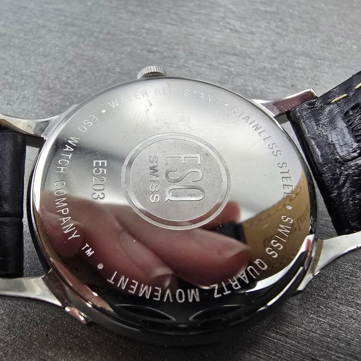 ESQ Watch Men 36mm Black Dial Silver Date Round E5203 New Battery Leather9