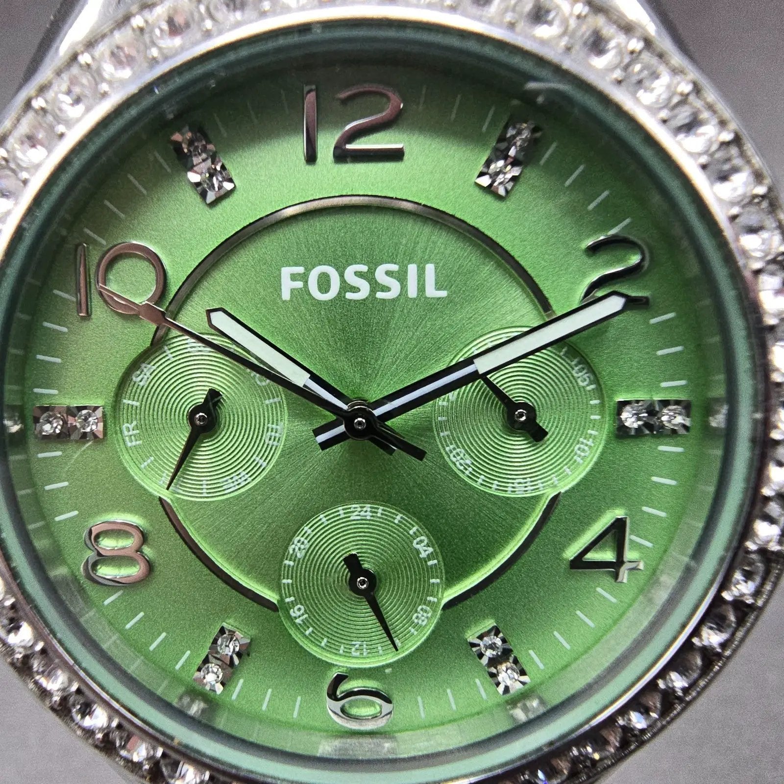 Fossil Watch Women 38mm Green Dial Silver Tone Daydate ES32725 New Battery1