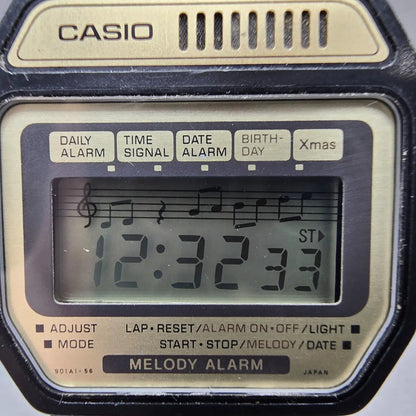 Casio Melody Alarm Watch Men 35mm Gold Dial Black Tone Octagon 82H108 New Batt1