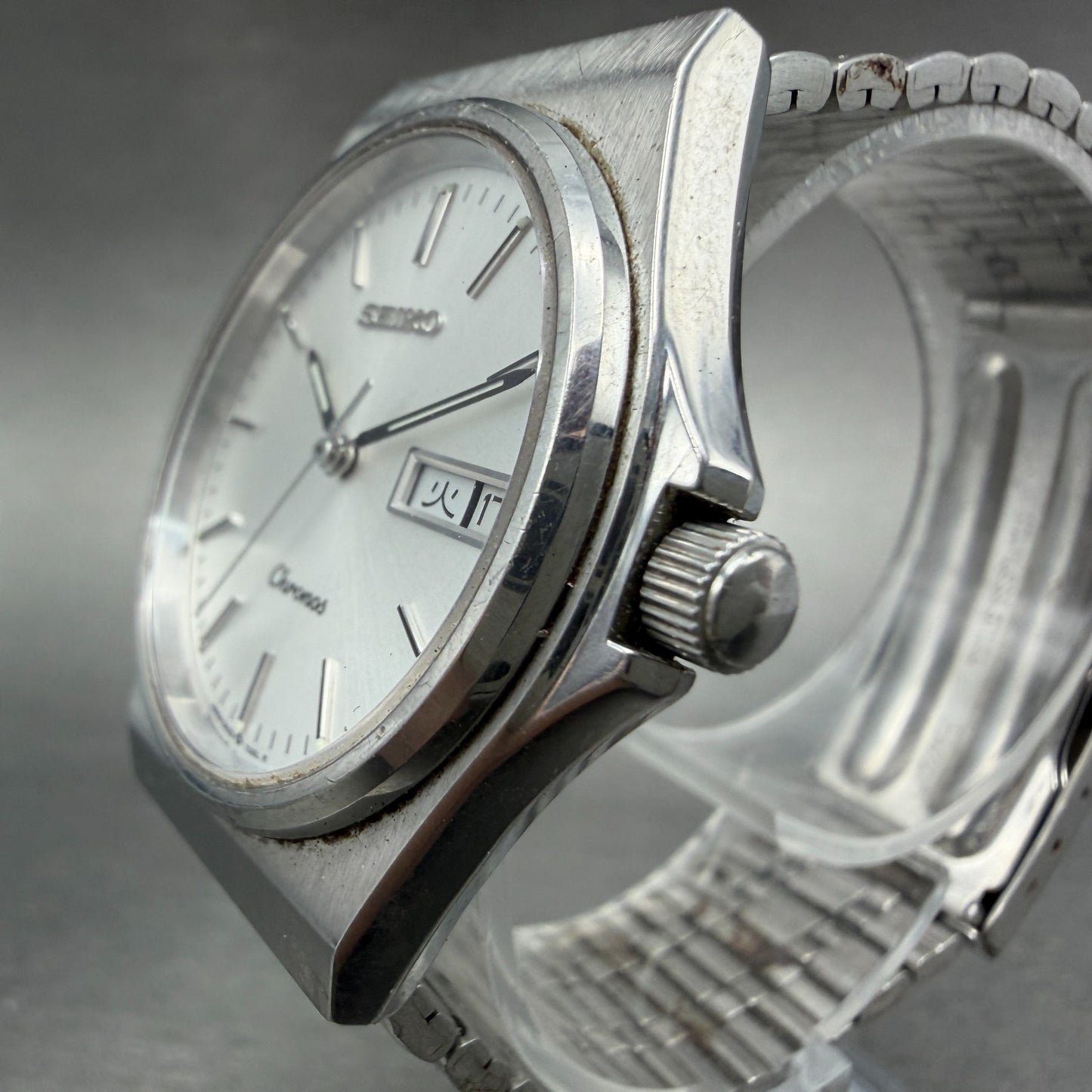 Seiko Chronos Watch Men 35mm Silver Dial Silver Tone Daydate 5h23-7d20 New Batte2