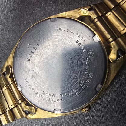 Seiko Watch Men 35mm Gold Dial Gold Tone Daydate Round 7N43-7A50 New Battery VTG10