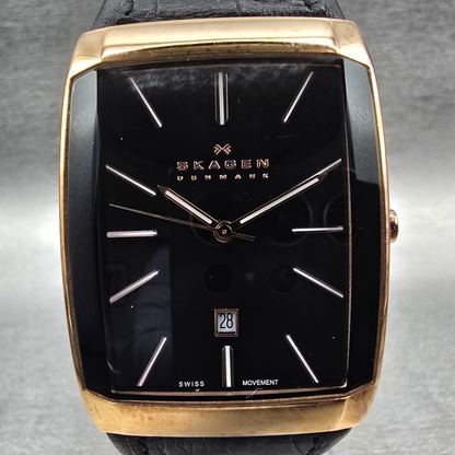Skagen Watch Men 33mm Black Dial Rose Gold Date Rectangle 984LRLB New Battery1