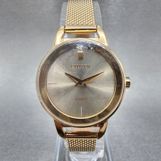 Citizen Watch Women 26mm Champagne Dial Rose Gold Tone Round Mesh Ban EZ700351X0