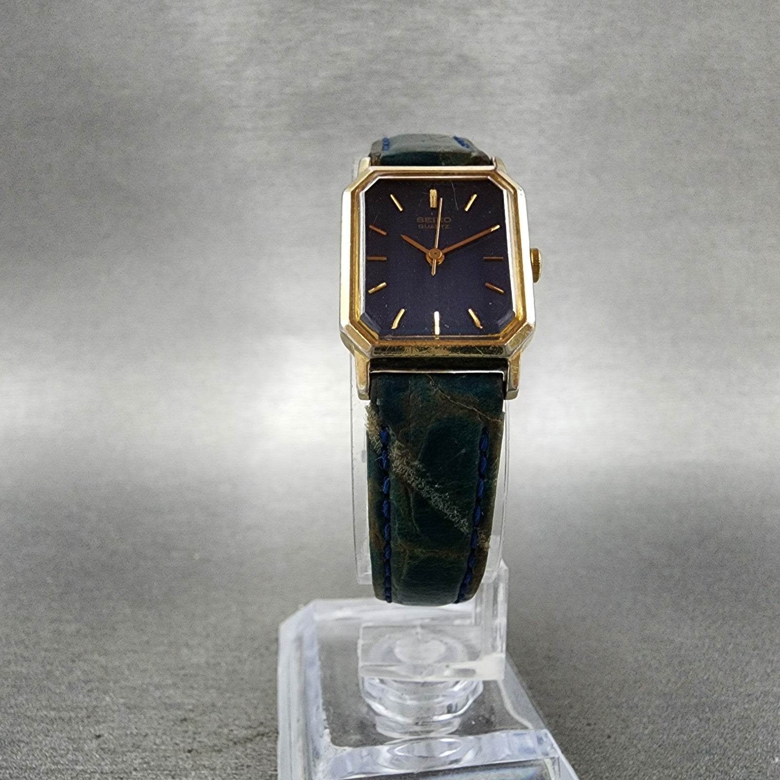 Seiko Watch Women 18mm Blue Dial Gold Tone Octagon 2C215090 New Battery VTG4