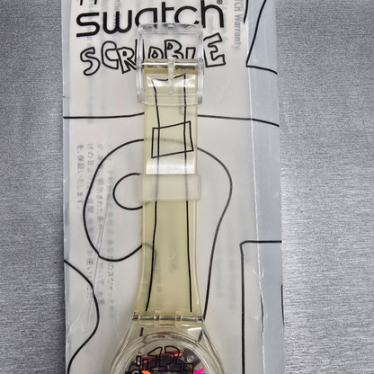 Swatch Scribble Watch Men 34mm Skeleton Dial Clear Case GZ124 New Battery NOS5
