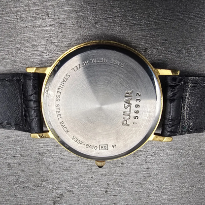 Pulsar Watch Men 33mm Black Dial Gold Sun Moon Triple Calendar V33F-8A10 New Bat9