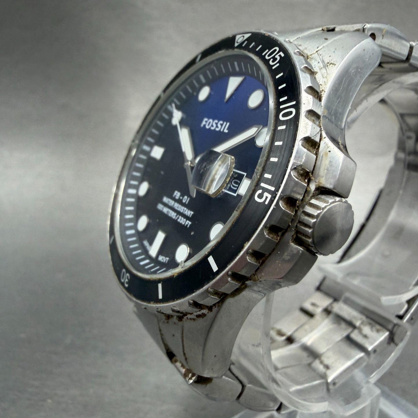 Fossil FB-01 Dive Watch Men 42mm Blue Dial Silver Tone Date FS5668 New Battery2