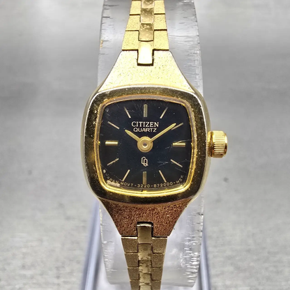 Citizen CQ Watch Women 17mm Black Dial Gold Tone Rectangle 3220-S20889 New Batt0