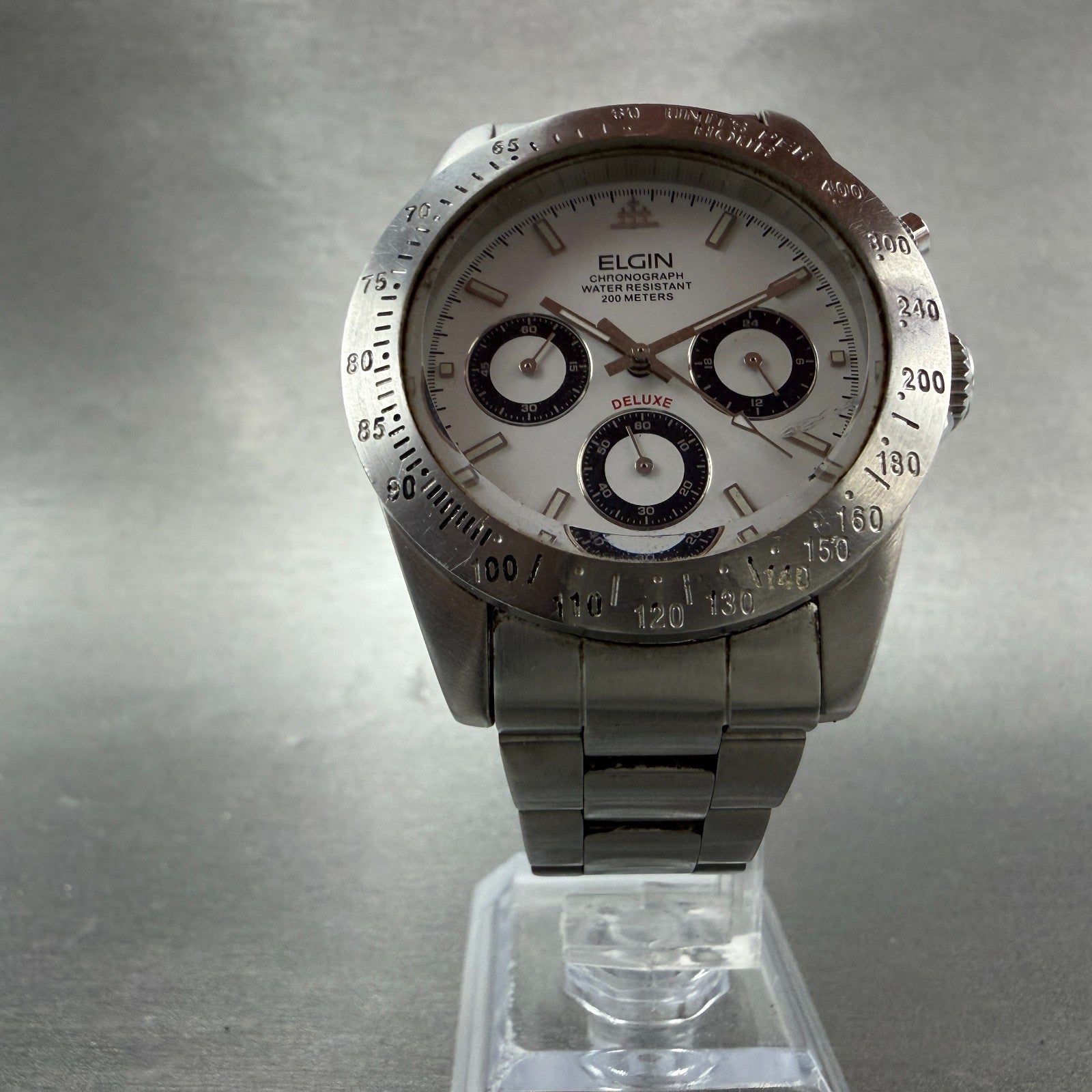 Elgin Chronograph Watch Men 39mm White Dial Silver Tone Round FK-1059 PARTS6