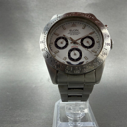 Elgin Chronograph Watch Men 39mm White Dial Silver Tone Round FK-1059 PARTS6