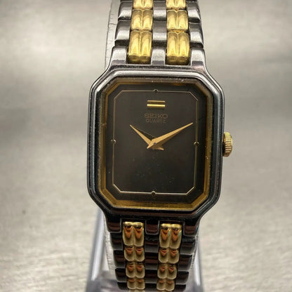 Seiko Watch Women 18mm Black Dial Two Tone Rectangle 2Y00-5569 New Battery VTG0
