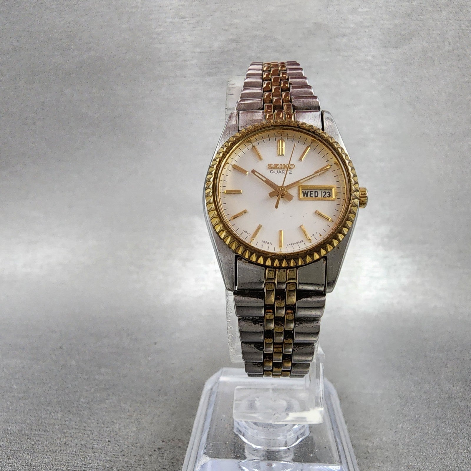Seiko Watch Women 24mm White Dial Two Tone Daydate Round 7N830041 New Batt VTG5