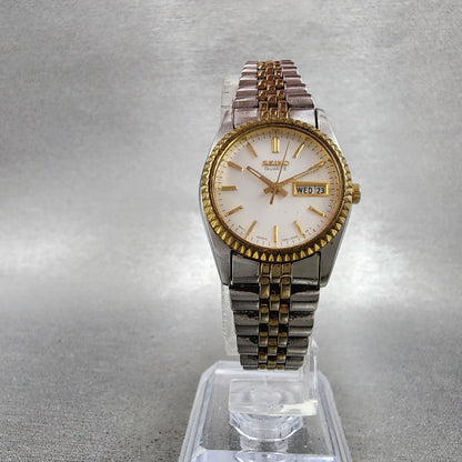 Seiko Watch Women 24mm White Dial Two Tone Daydate Round 7N830041 New Batt VTG5
