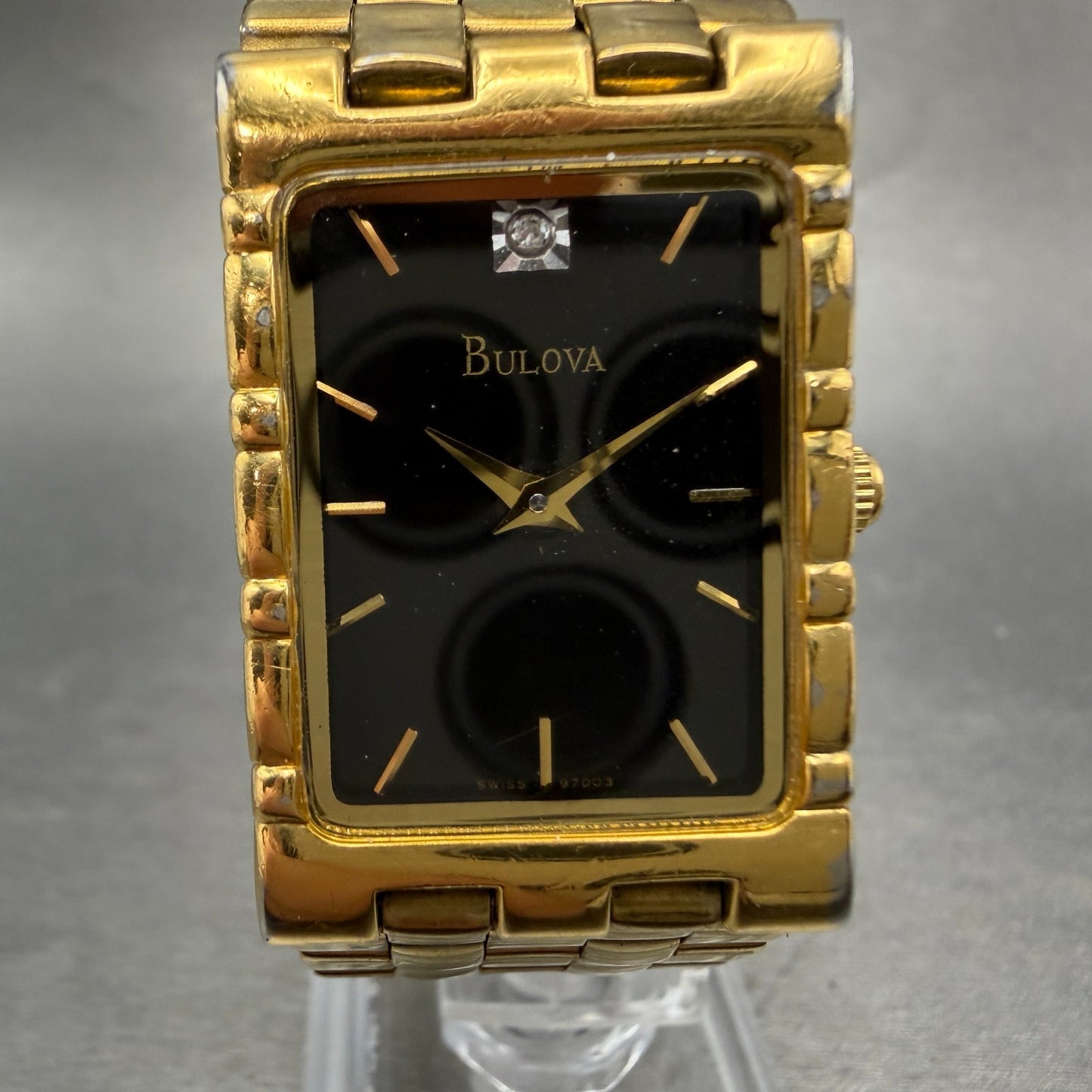 Bulova Tank Watch Men 23mm Black Dial Gold Tone Rectangle 97D03 PARTS Diamond0