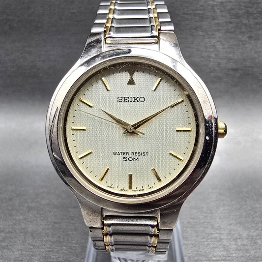Seiko Watch Men 35mm Champagne Dial Silver Tone Round V701-2H20 New Battery0