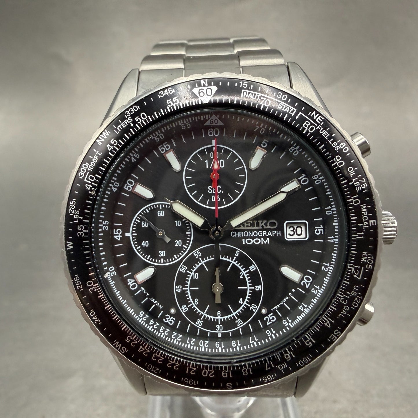 Seiko Flightmaster Chronograph Watch Men 40mm Black dial Steel Date New Battery0