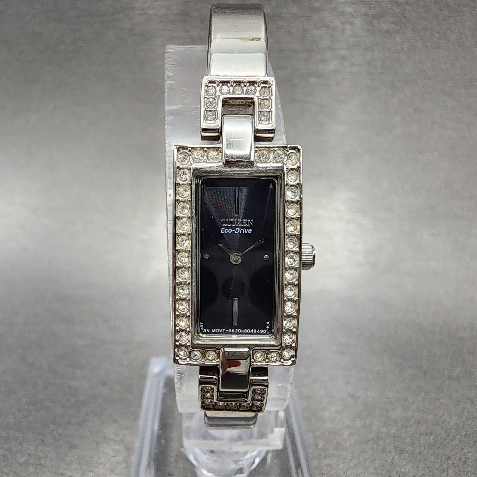 Citizen EcoDrive Tank Watch Women 14mm Black Dial Steel Rectangle Crystals Runs0