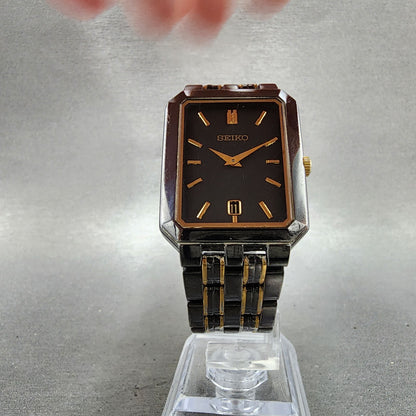 Seiko Tank Watch Men 27mm Black Dial Black &gold Tone Date V7395b19 New Battery5