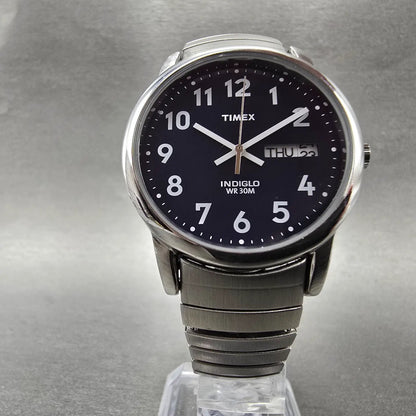 Timex Easy Reader Watch Men 35mm Blue Dial Silver Tone Round Daydate New Batt HM5