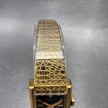 Timex Tank Watch Women 17mm Green Dial Gold Tone Rectangle Manual Wind Runs4