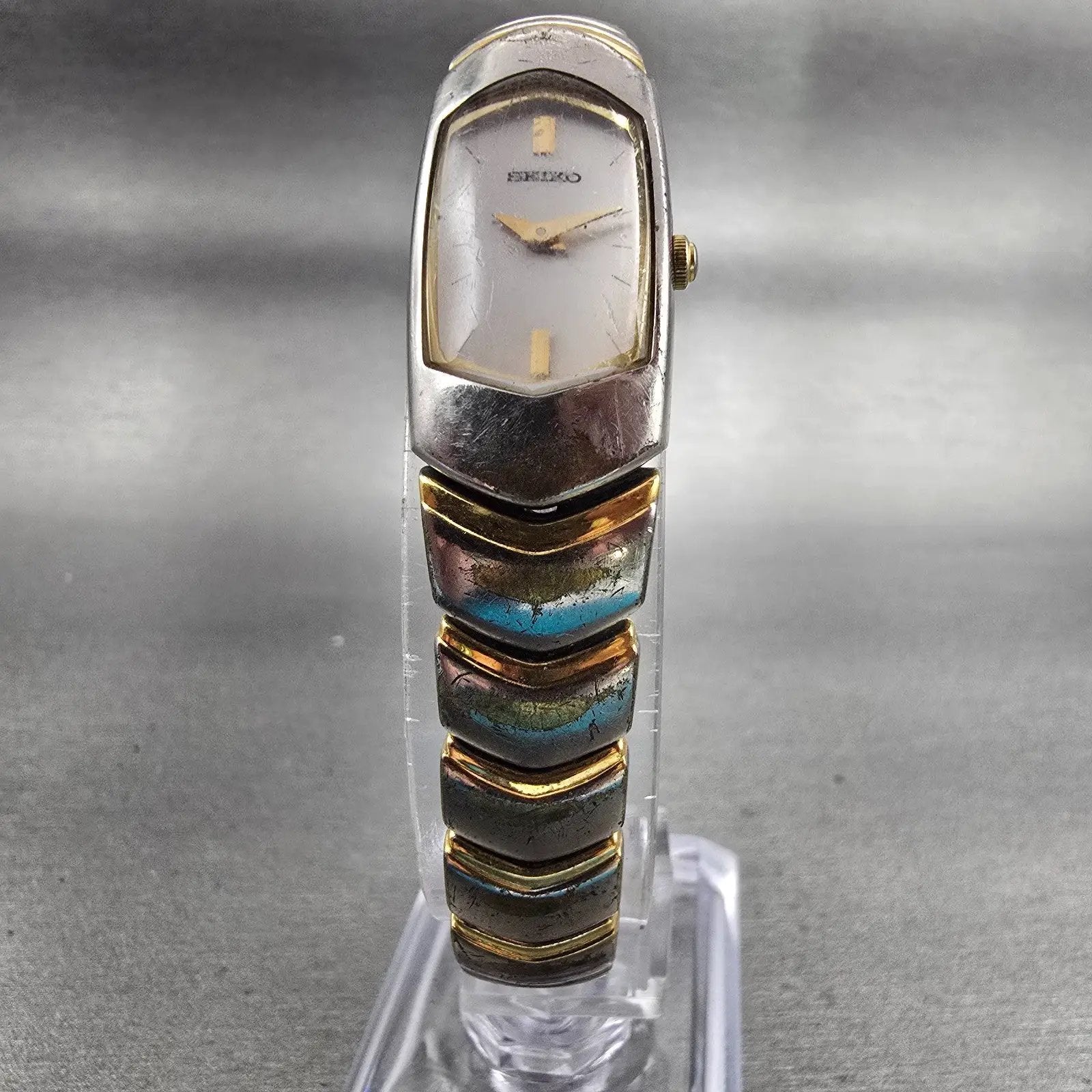 Seiko Watch Women 15mm White Dial Two Tone Rectangle 1F20-6H49 New Battery VTG5
