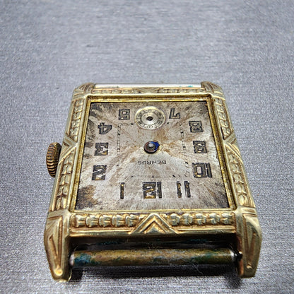 Benrus Tank Watch Men 28mm Silver Dial Gold Tone Rectangle 15 Jewels PARTS5