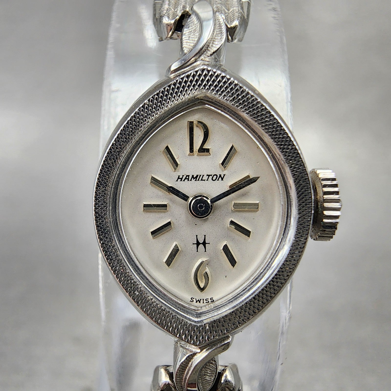 Hamilton Watch Women 14mm White Dial 10K White Gold Plated Manual Wind Runs ABC11