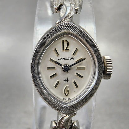 Hamilton Watch Women 14mm White Dial 10K White Gold Plated Manual Wind Runs ABC11