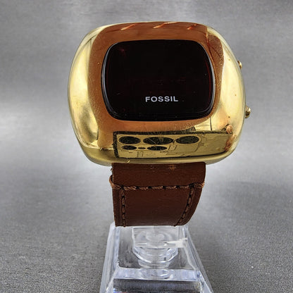 Fossil Red LED Watch Men 43mm Black Dal Gold Tone Cushion JR-7776 New Battery