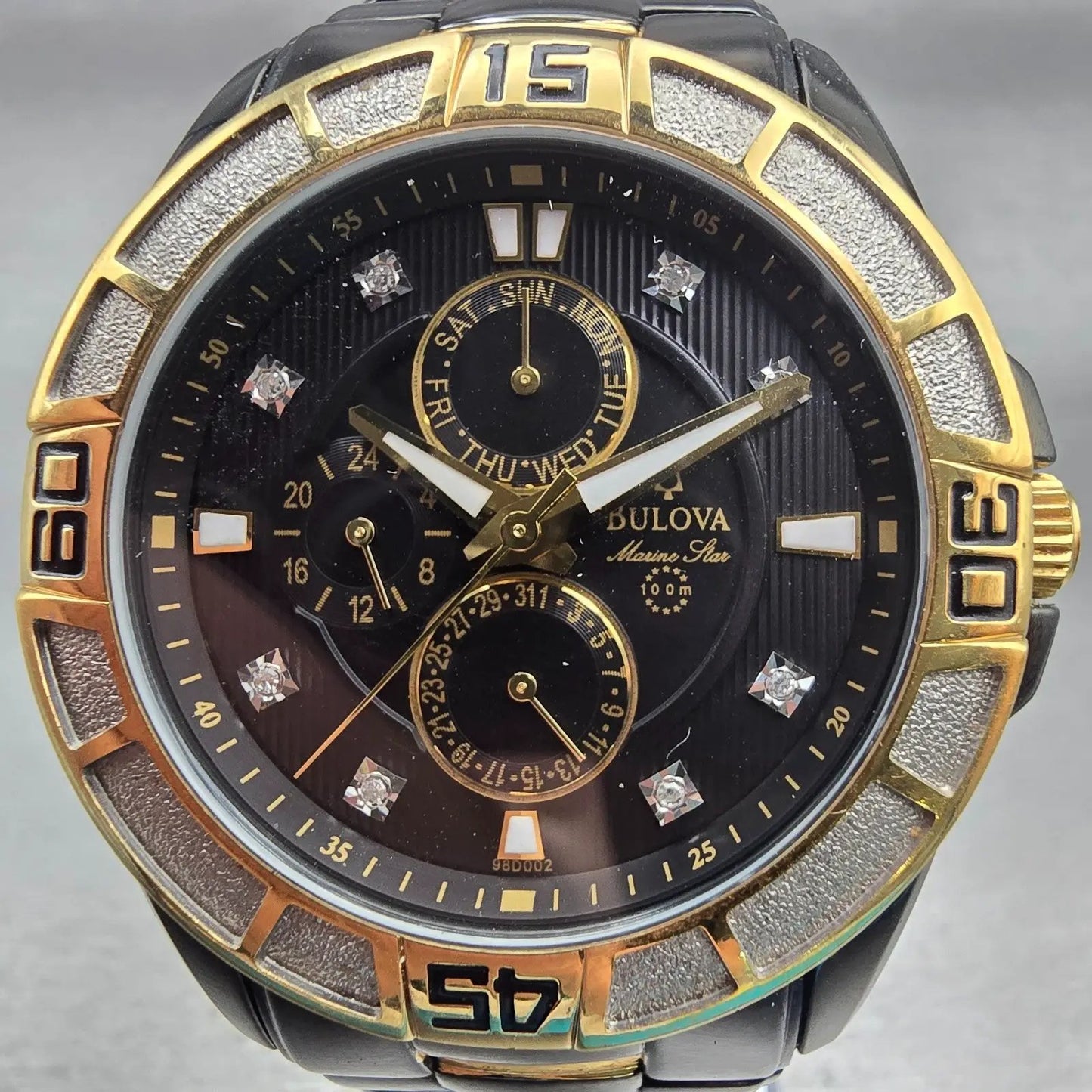 Bulova Marine Star Watch Men 42mm Black Dial Two Tone Daydate 98D0002 New Batt1
