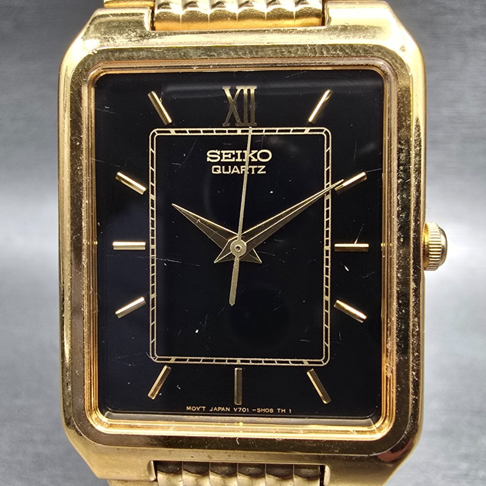 Seiko Tank Watch Men 26mm Black Dial Gold Tone Rectangle V701-5J09 New Battery1