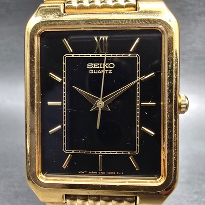 Seiko Tank Watch Men 26mm Black Dial Gold Tone Rectangle V701-5J09 New Battery1