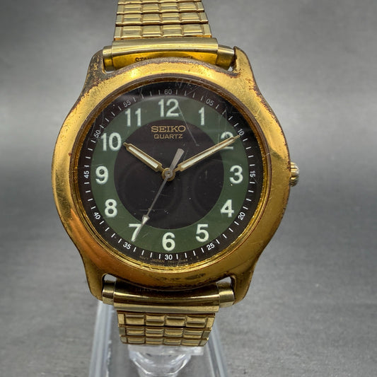 Seiko Watch Men 35mm Green & Brown Dial Gold Tone Round 7N01-6G39 New Battery0