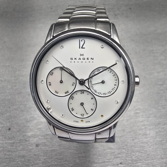 Skagen Watch Women 32mm MOP Dial Silver Tone Daydate Round 990SSX New Battery0