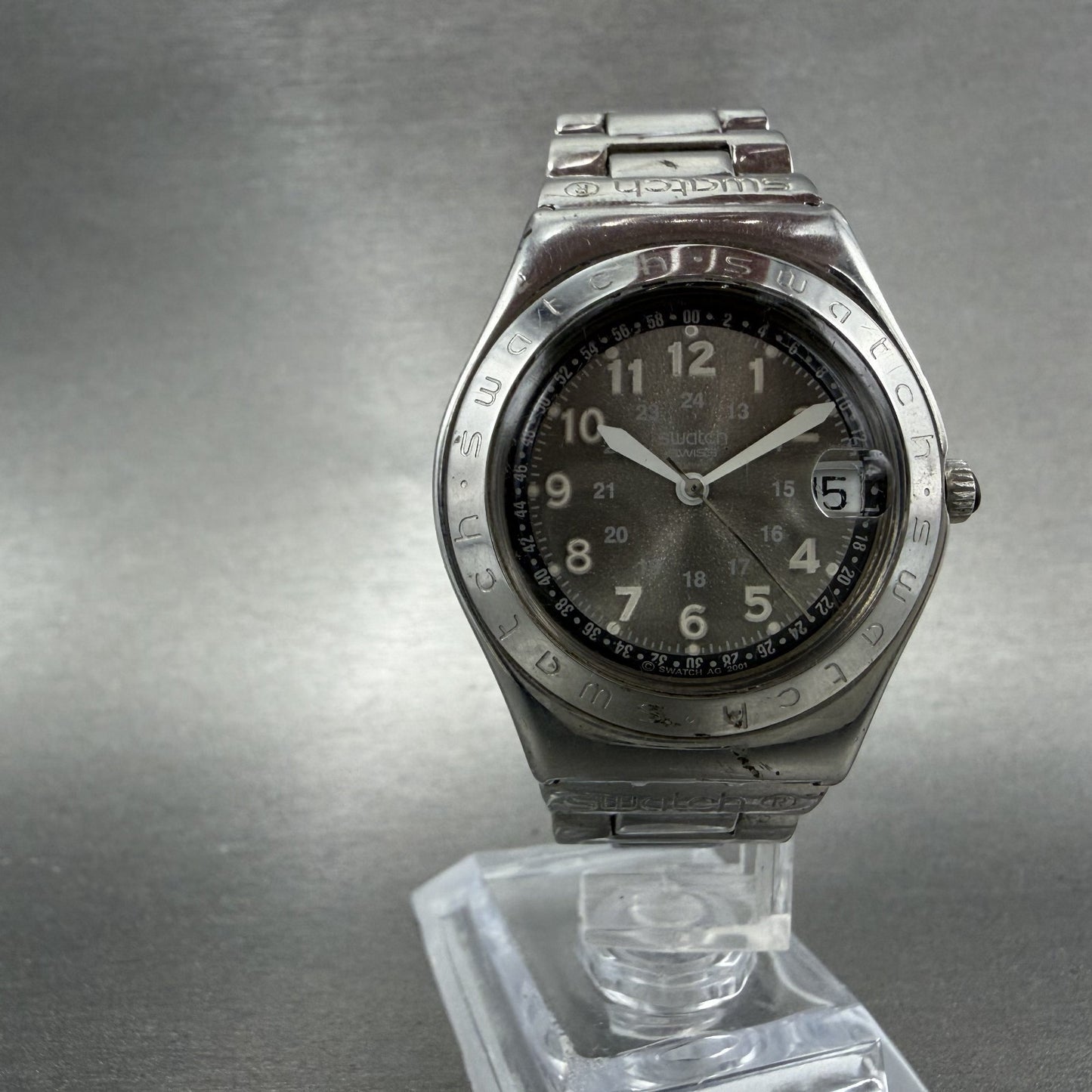 Swatch Irony Happy Joe Watch Women 33m Silver Dial Silver Tone Date Round Newbat6