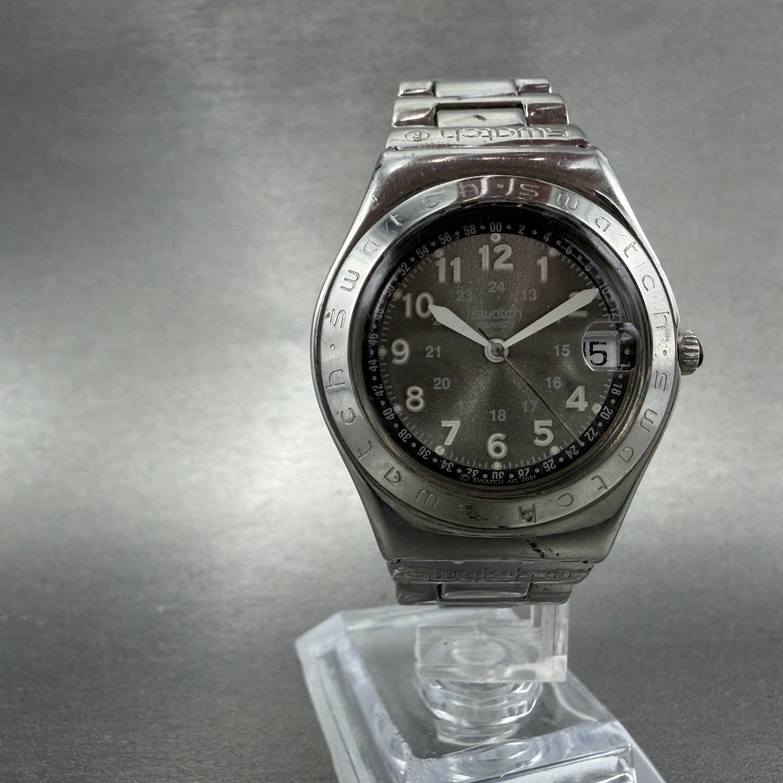 Swatch Irony Happy Joe Watch Women 33m Silver Dial Silver Tone Date Round Newbat6