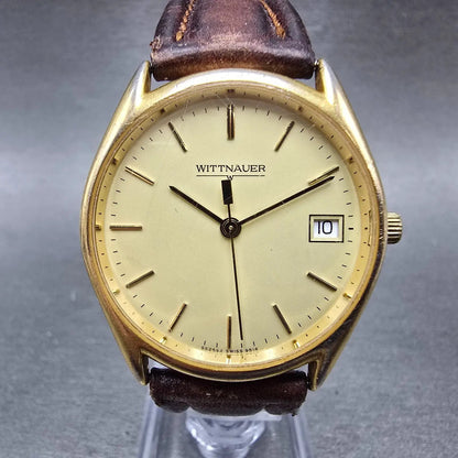 Wittnauer Watch Men 33mmCream Dial Gold Tone Round Date 9514 New Battery0