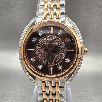 Bulova Watch Women 30mm Brown Dial Two Tone Gemmed Oval 98R230 New Battery0