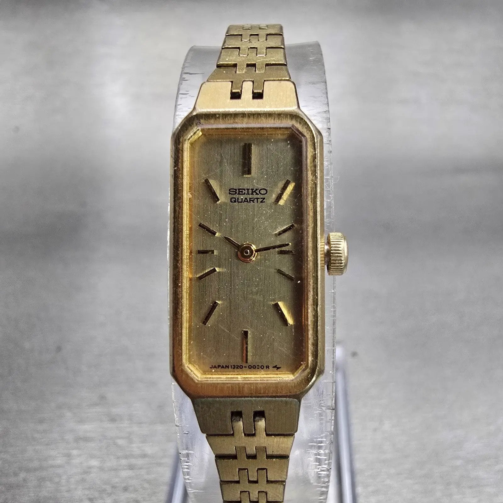 Seiko Watch Women 12mm Gold Dial Gold Tone Rectangle 1320-5029 New Battery VTG0